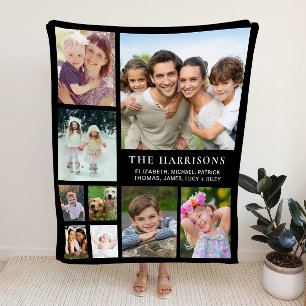 Family Photo Collage Black Fleece Blanket