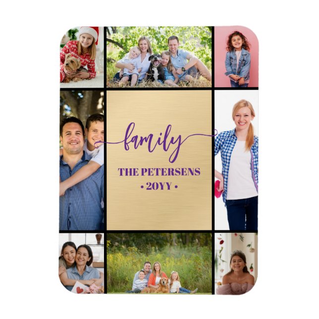  family photo collage black gold script magnet (Vertical)
