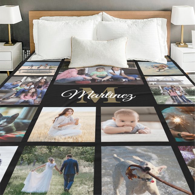 Family Photo Collage Black Gold White Monogrammed Fleece Blanket (Creator Uploaded)