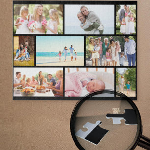 Family Photo Collage Black Masonry Grid Custom Jigsaw Puzzle