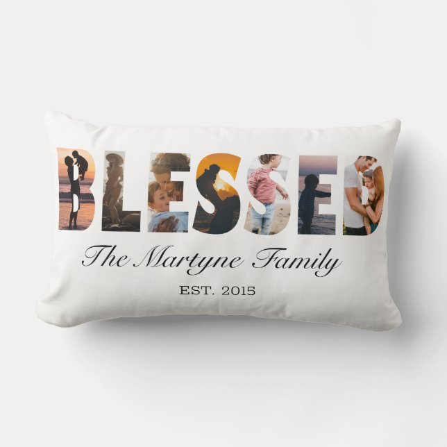 Family Photo Collage Blessed Personalised Lumbar Cushion (Front)