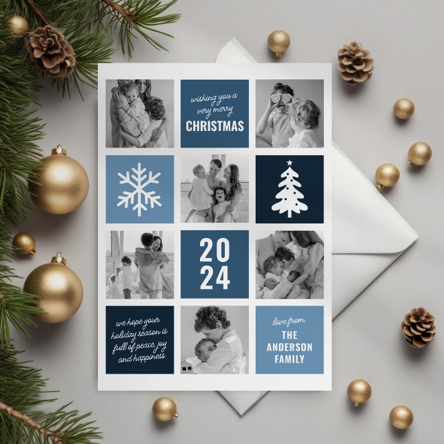 Family Photo Collage Blue Christmas Holiday Cards (Creator Uploaded)