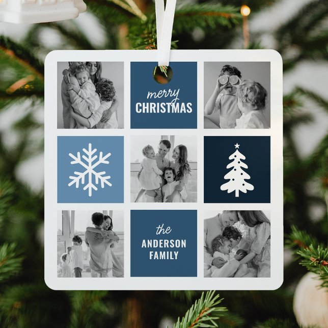 Family Photo Collage Blue Christmas Metal Tree Decoration (Creator Uploaded)