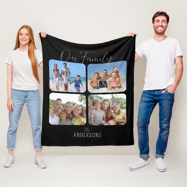 Family Photo Collage Calligraphy Script Fleece Blanket (In Situ)