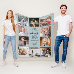 Family Photo Collage Cherish Every Moment Blue Fleece Blanket