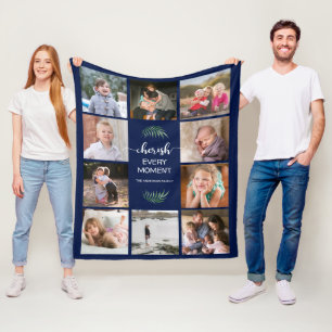 Family Photo Collage Cherish Every Moment Navy Fleece Blanket
