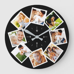 Family Photo Collage Chic Black And White Large Clock