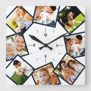 Family Photo Collage Chic Blue And White Square Wall Clock