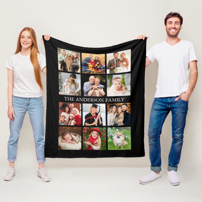 Family Photo Collage - Choose Your Colour Fleece Blanket (In Situ)