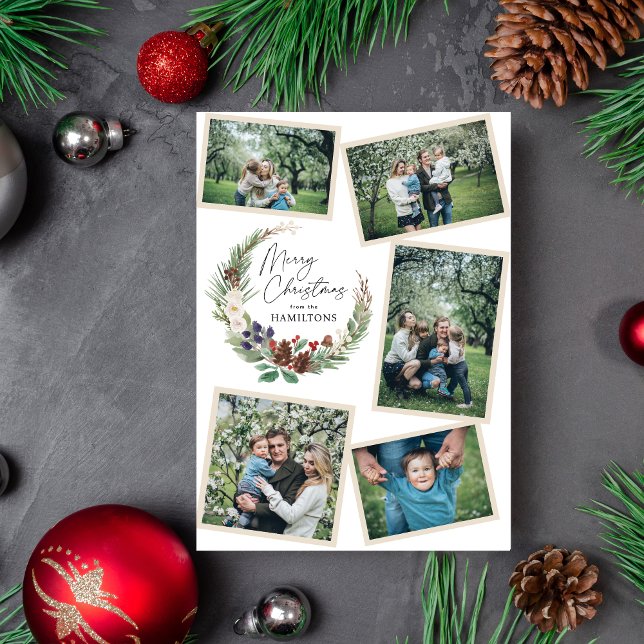 Family Photo Collage Christmas Foliage Wreath Holiday Card (Creator Uploaded)