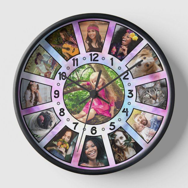 Family Photo Collage Custom 13 Retro Purple TieDye Clock (Front)