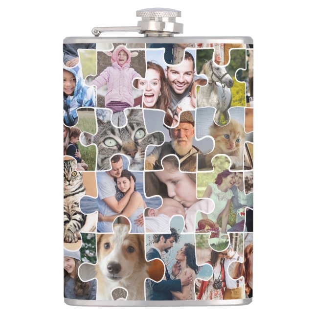 Family Photo Collage Custom 24 Pic Puzzle Shape Hip Flask (Front)