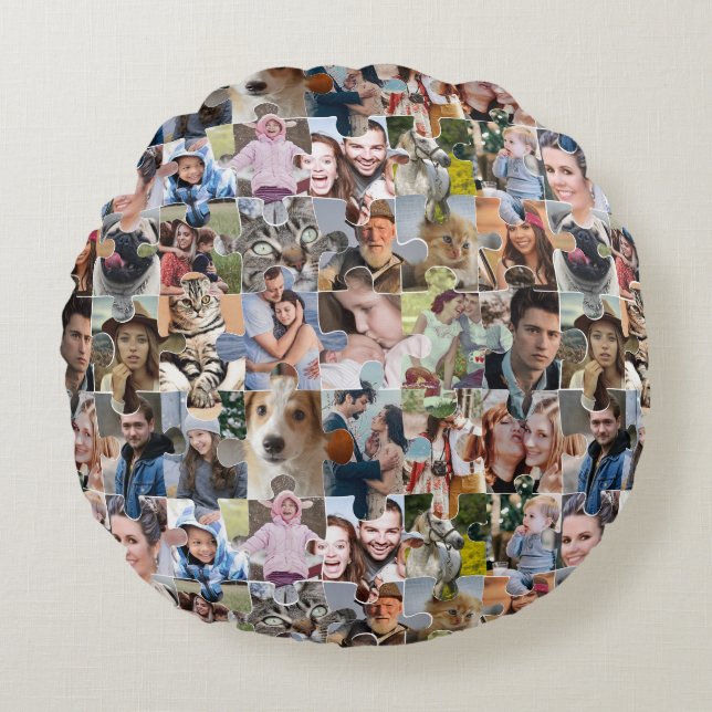 Family Photo Collage Custom 24 Pic Puzzle Shape Round Cushion (Front)