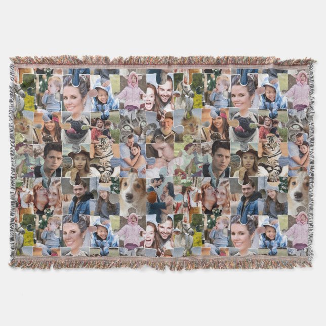 Family Photo Collage Custom 24 Pic Puzzle Shape Throw Blanket (Front)