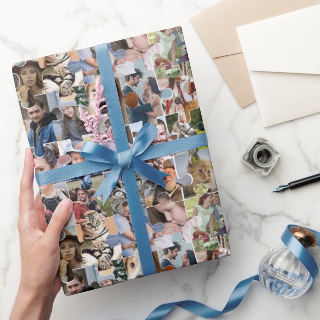 Family Photo Collage Custom 24 Pic Puzzle Shape Wrapping Paper (Gifting)
