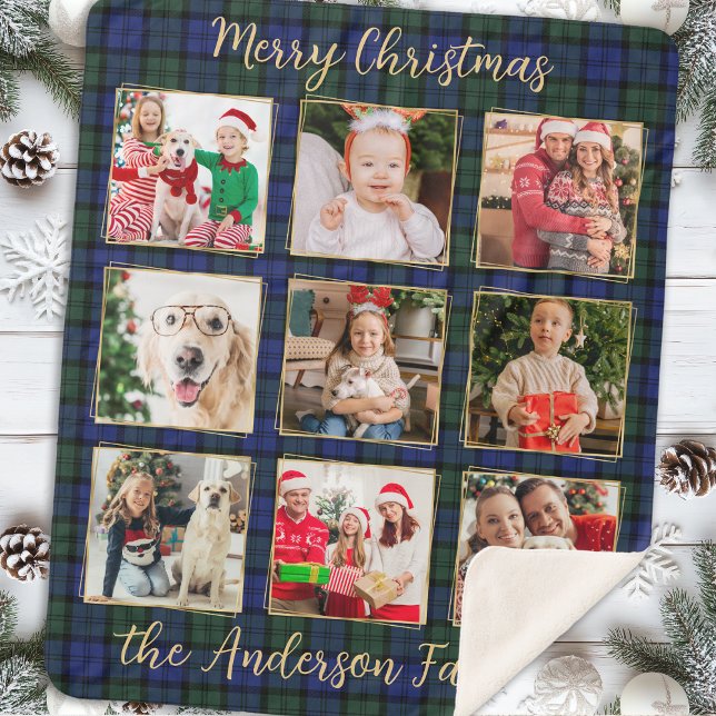 Family Photo Collage Custom Modern Holiday Plaid Sherpa Blanket (Creator Uploaded)