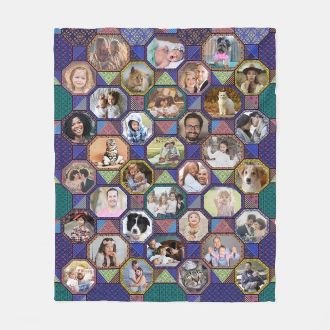 Family Photo Collage Dark Quilt Look 35 Pics Easy Fleece Blanket (Front)