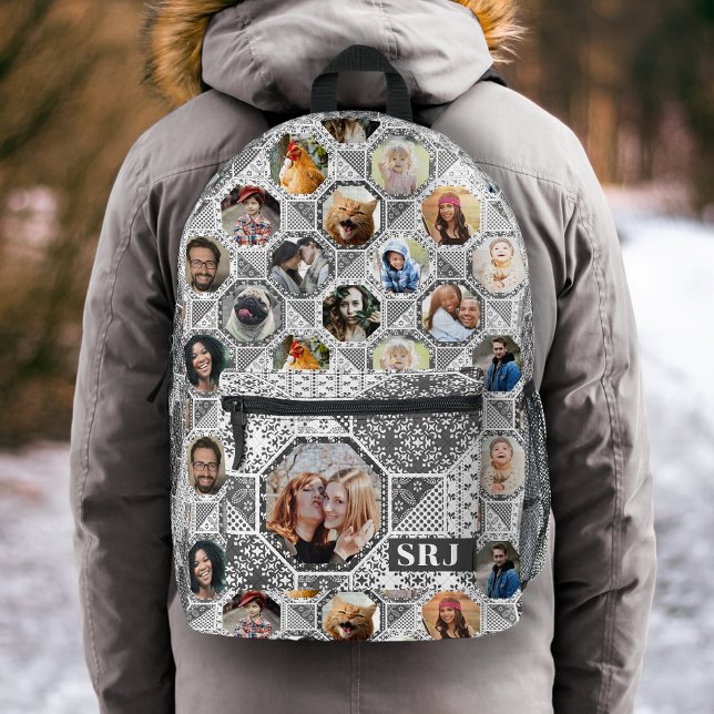 Family Photo Collage Easy Grey Quilt Look Monogram Printed Backpack (Creator Uploaded)