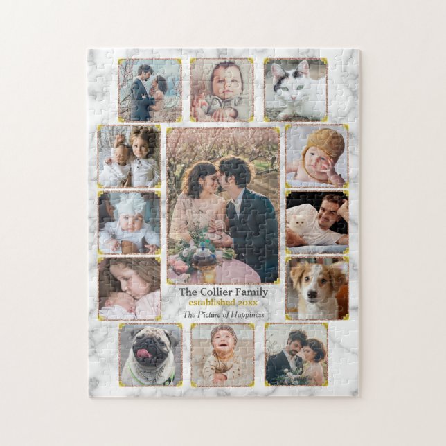 Family Photo Collage Elegant Marble Custom 13 Pics Jigsaw Puzzle (Vertical)