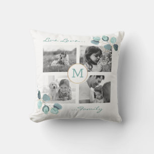 Family Photo Collage Eucalyptus Monogrammed Throw  Cushion