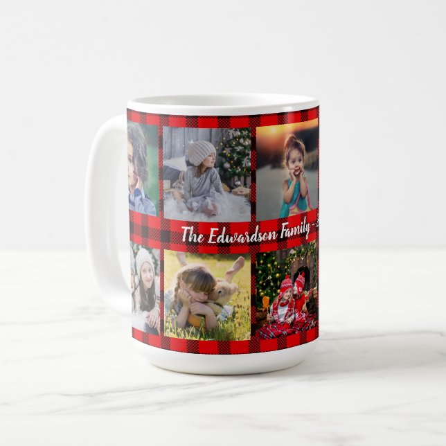 Family photo collage family name on buffalo plaid coffee mug (Front Left)