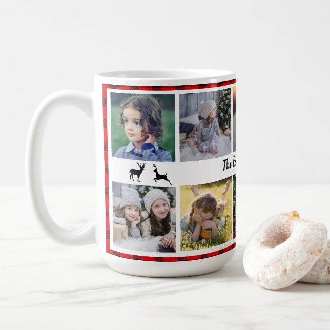Family photo collage family name on buffalo plaid coffee mug (With Donut)