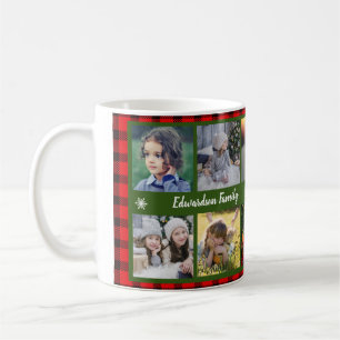 Family photo collage family name on buffalo plaid coffee mug