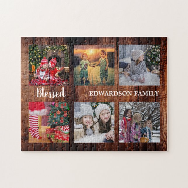 Family photo collage family name rustic jigsaw puzzle (Horizontal)