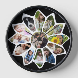 Family Photo Collage Flower Black and White Easy Clock