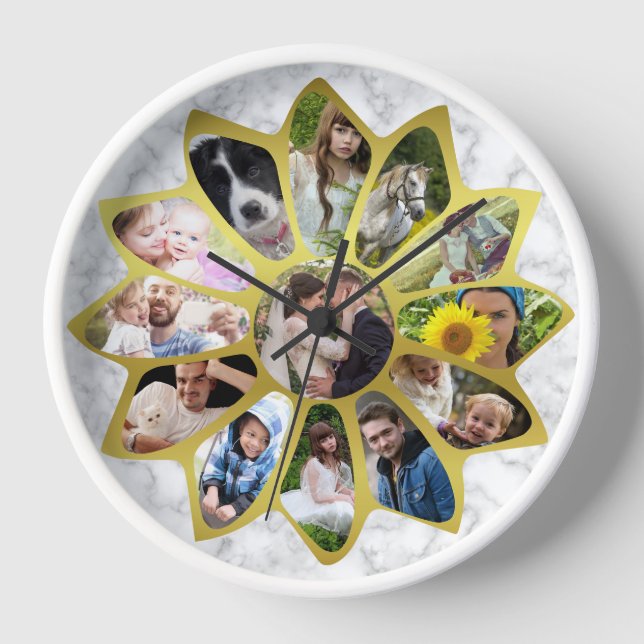 Family Photo Collage Flower Marble and Gold Easy Clock (Front)