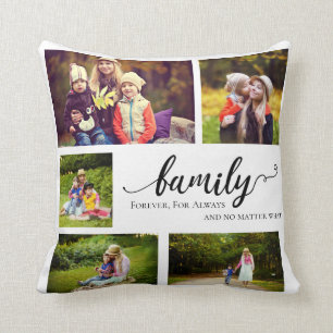 Family Photo Collage Forever & Always Calligraphy Cushion