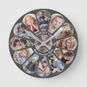 Family Photo Collage Grey 13 Custom Flower Shape Round Clock