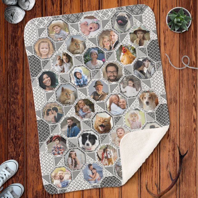 Family Photo Collage Grey Quilt Look 35 Pics Lg Sm Sherpa Blanket (Creator Uploaded)