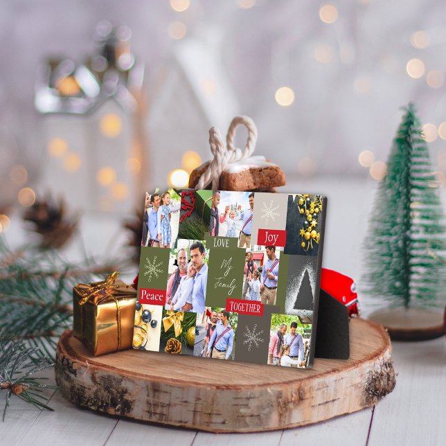 Family Photo Collage Grid Green And Red Christmas  Plaque (Creator Uploaded)