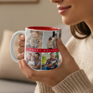 Family Photo Collage Happy Holidays Custom Red Two-Tone Coffee Mug