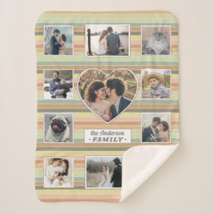 Family Photo Collage Heart 11 Custom Retro Stripe Sherpa Blanket
