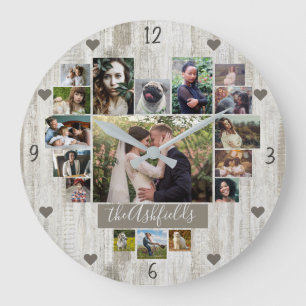 Family Photo Collage Heart 17 Pic Name Rustic Wood Large Clock