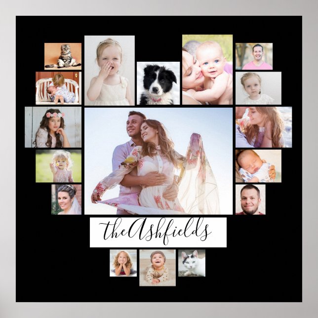 Family Photo Collage Heart 17 Pics Black 24x24 Poster (Front)