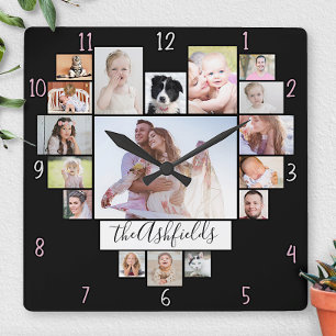 Family Photo Collage Heart 17 Pictures Name Black Square Wall Clock