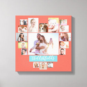 Family Photo Collage Heart 17 Pictures Name Coral Canvas Print