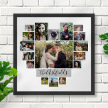 Family Photo Collage Heart 17 Pictures Name White Poster<br><div class="desc">Display your family or wedding memories with this beautiful photo collage wall poster in white and grey with your pictures in the shape of a heart. This cute design includes room for 17 photographs: 9 horizontal, 2 vertical, and 6 Instagram-style square. Your photos will automatically adjust to make the heart...</div>
