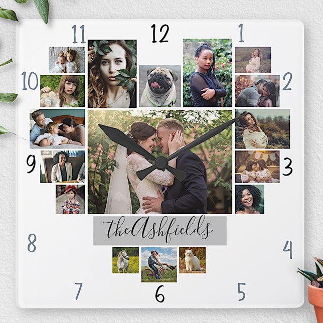 Family Photo Collage Heart 17 Pictures Name White Square Wall Clock (Creator Uploaded)