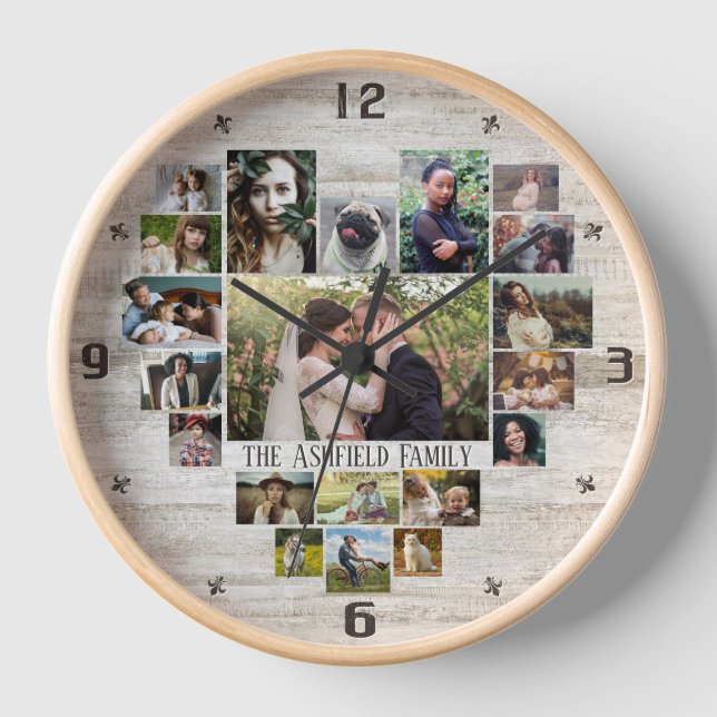Family Photo Collage Heart 20 Pics Name Farm Wood Clock (Front)