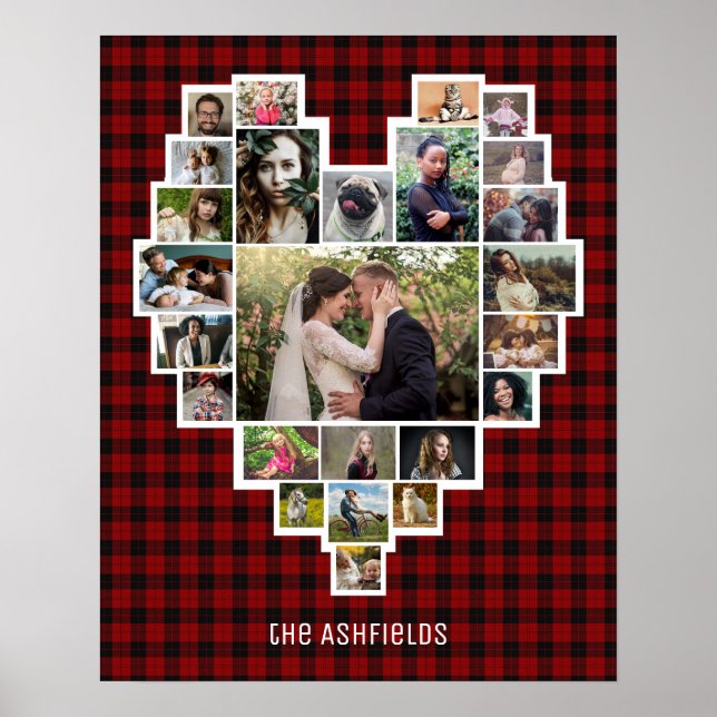 Family Photo Collage Heart 25 Pics Name Red Plaid Poster (Front)