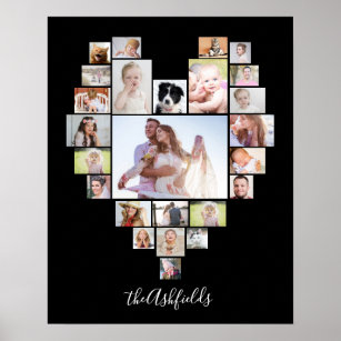 Family Photo Collage Heart 25 Pictures Name Black Poster