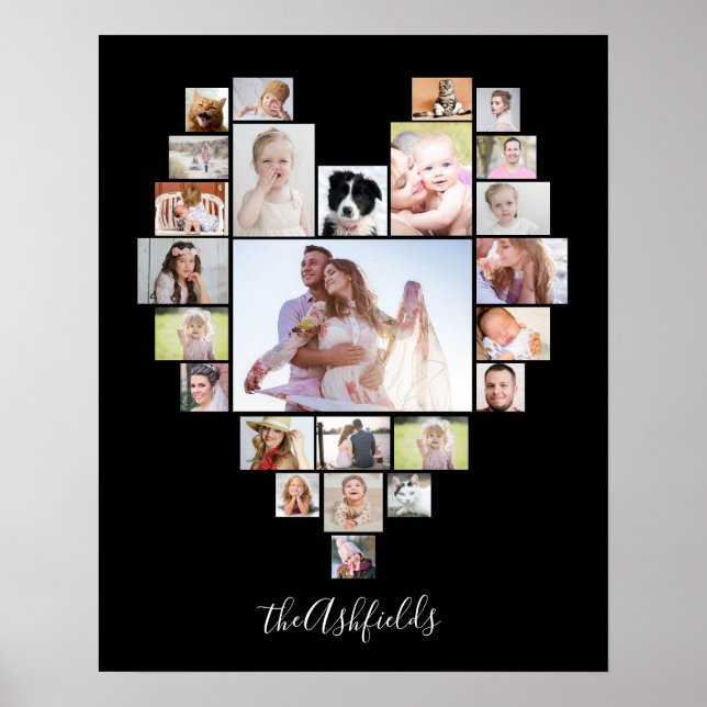 Family Photo Collage Heart 25 Pictures Name Black Poster (Front)