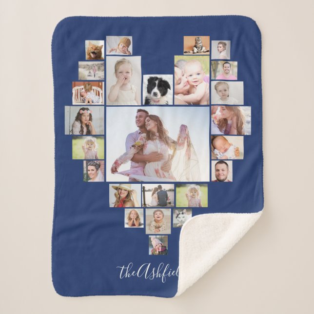 Family Photo Collage Heart 25 Pictures Name Blue Sherpa Blanket (Front)