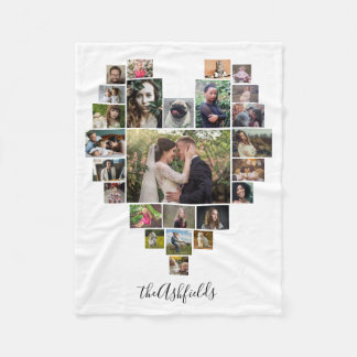 Family Photo Collage Heart 25 Pictures Name White Fleece Blanket