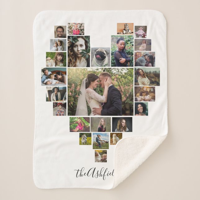 Family Photo Collage Heart 25 Pictures Name White Sherpa Blanket (Front)