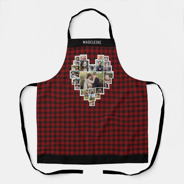 Family Photo Collage Heart Red Plaid 25 Pic Name Apron (Front)